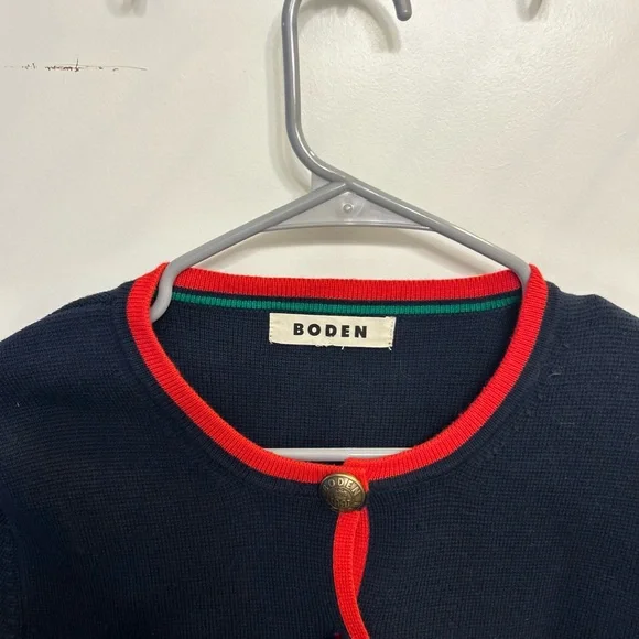 Boden Holly Cropped Knitted Jacket in Navy with Red Trim 100% Cotton - Picture 5 of 11